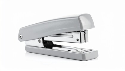 &ldquo;Gray desktop stapler with sleek curved design and metallic staple exit placed on white surface&rdquo;