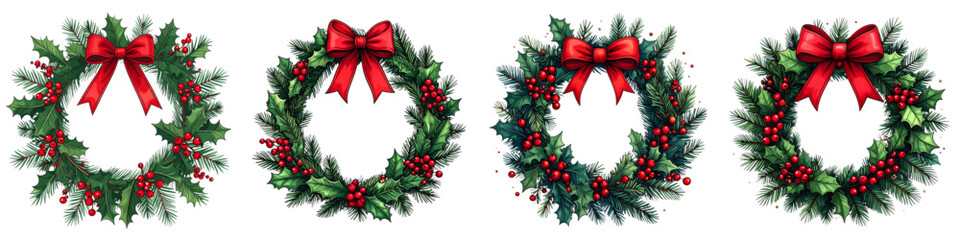 Christmas Decoration Vector Set Featuring Red and Green Ribbons, White Tree Ornaments, Holly Wreaths and Red Berry Accents