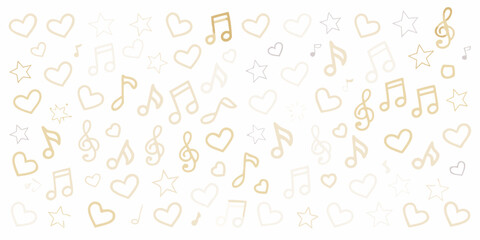 A whimsical pattern of musical notes hearts and stars in pale gold