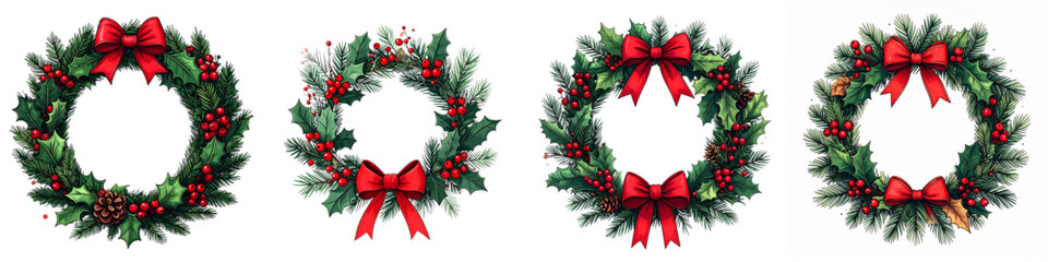 Set of Red and Green Christmas Ribbons with White Tree Decorations, Holly Wreaths and Berry Ornaments, Festive Holiday Design Elements