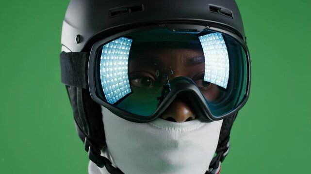 Intense close-up studio portrait showing a person wearing dark ski gear and highly reflective goggles against a vibrant chroma key green screen background.