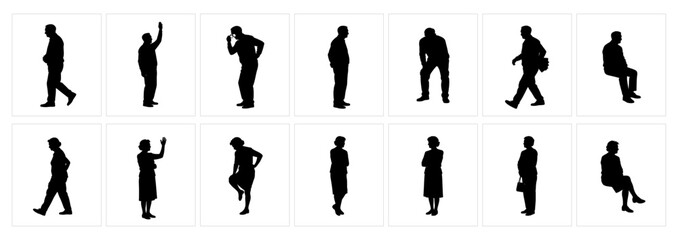 Senior Adults Standing and Walking Silhouettes Set, Calm Everyday Postures.