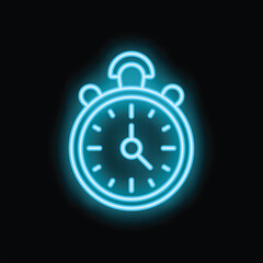 Bright blue neon icon of a stopwatch is glowing on a black background
