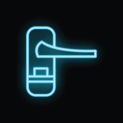 Blue neon door handle glowing on black background