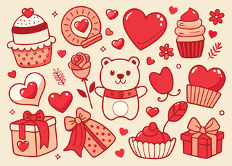 Charming hand drawn valentine s day doodle collection featuring a cute bear hearts cupcakes and gifts for festive designs