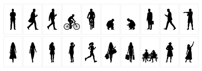 People Daily Life Silhouettes Set, Mixed Age Walking Sitting and Activity Poses.