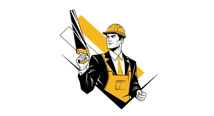 Professional worker with saw and helmet emblem design for construction