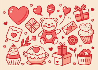 Charming valentine s day illustrations featuring a teddy bear hearts gifts and sweet treats in a warm color palette