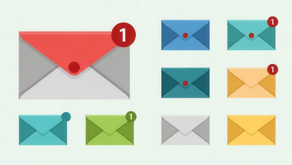 Variety of colorful email envelopes with notification badges indicating new messages in a flat