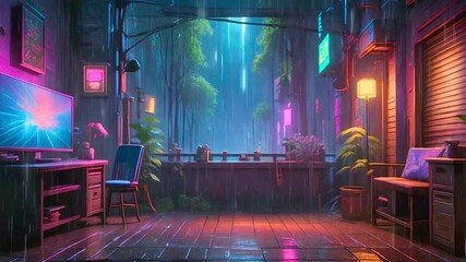 stream overlay loop, animated virtual backgrounds, cozy living room rainy atmospheric forest lo-fi, vtuber asset, twitch obs zoom background screen, anime chill hip hop aesthetic environment