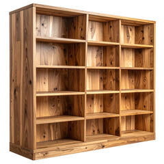 Open wooden bookshelf with angled legs and asymmetric shelves isolated on white and transparent background