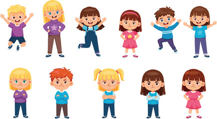 Cute Kids Cartoon Character Set Showing Happy and Angry Children Emotions, Standing and Jumping Poses for Education Designs
