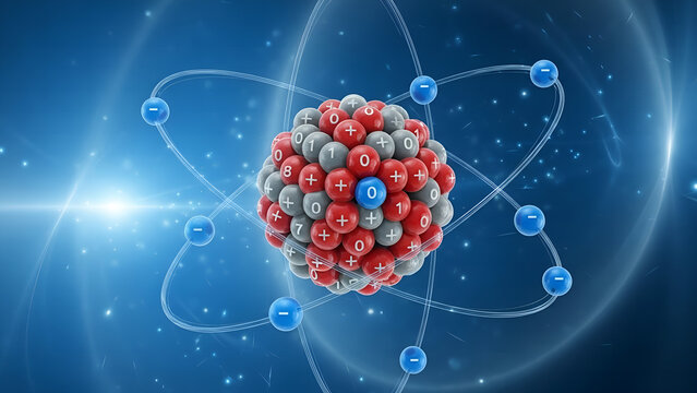 atom on blue background, abstract blue background with molecule, Detailed model of atom showing electrons neutrons and protons. Atom model with electrons orbiting nucleus. Science model of atomic stru