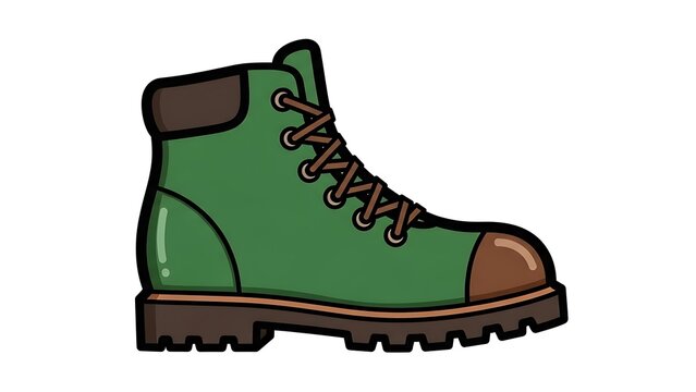 Cartoon drawing of a sturdy green and brown hiking boot with thick laces and sole