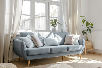 Stylish Blue Sofa in a Sunlit Living Room