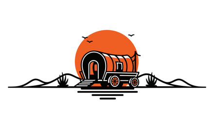 Silhouette of a covered wagon against a sunset and landscape © Yoamn