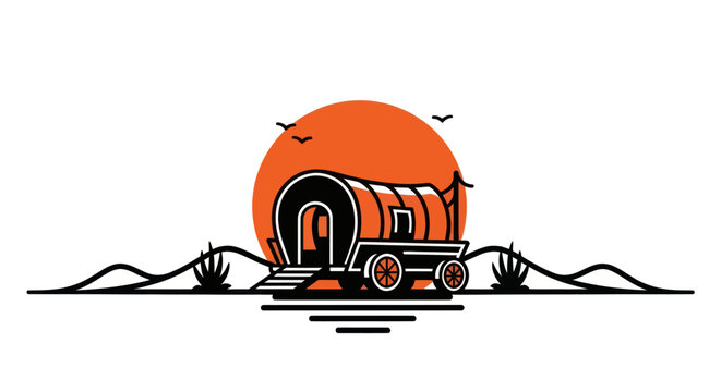 Silhouette of a covered wagon against a sunset and landscape