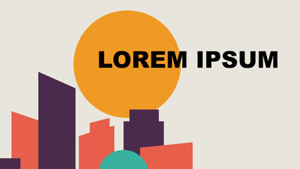 a city with a sun and a building