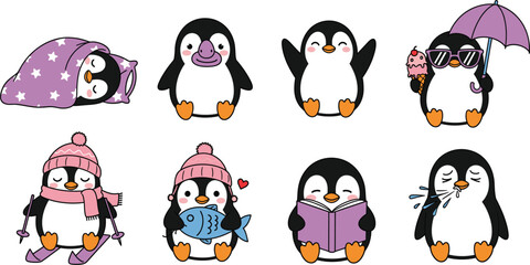 Naklejka premium Cute Penguin Cartoon Character Set Showing Funny Winter, Summer and Daily Activities for Kids and Kawaii Designs