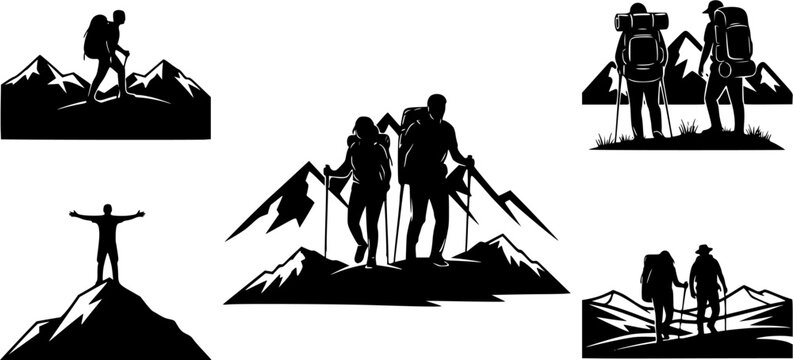 Couple hiker in mountain silhouettes, Couple hiking silhouette, Backpacker silhouettes, Hiker in mountain, Adventure silhouette, Hiking together silhouette