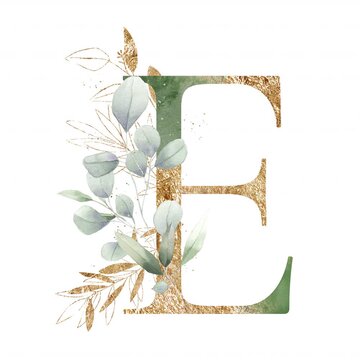 Letter E alphabet initial letter watercolor greenery foliage with line art delicate animation romantic illustrated alpha mask animation golden