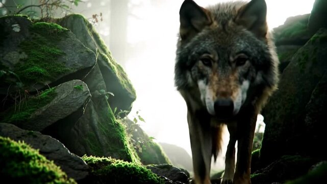 Majestic wolf walking towards camera in a forest environment with sunlight