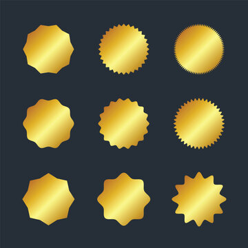 Circle sticker set. Wavy edge promo gold badges. Star burst shape tags for price. Blank sale stickers. Simple silhouette. Flat vintage labels. 