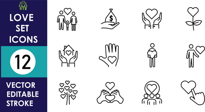 Minimal line icon set illustrating self love, care, support, kindness, relationships, and personal growth concepts, featuring editable stroke vector symbols on clean white background