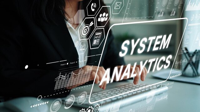 Business Professional Engaged in System Analytics with Creative Digital Interface Overlay Displaying Data Elements and Graphs. Asymptotic smart data analytic. - Powered by Adobe