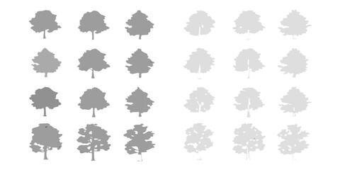 A collection of grayscale tree silhouettes arranged in a grid pattern