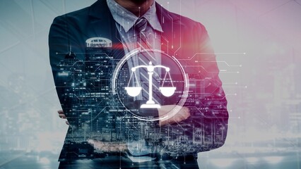 Futuristic digital law interface displaying justice scale, highlighting digital law, AI compliance,...