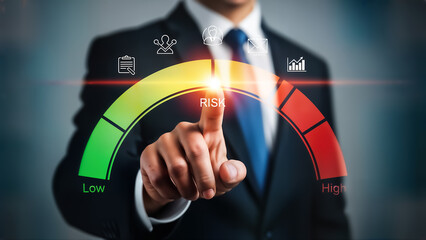 Businessman interacting with a colorful risk assessment gauge on a blurred background