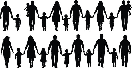 Set of Walking Family Silhouettes Representing Parenthood, Childhood, Love, Togetherness, Relationship, Vector Illustration, People Group, and Generations Lifestyle
