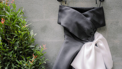 black wedding dress with white ribbon