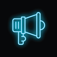 Blue neon sign in the shape of a megaphone is glowing on a dark background