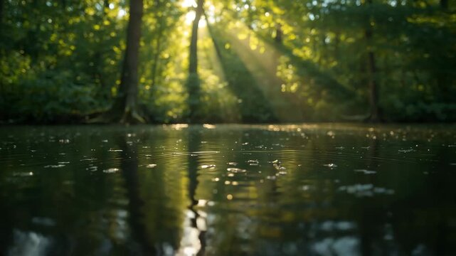 Serene forest pond with sunlight filtering through trees and reflecting on rippling water surface peacefully