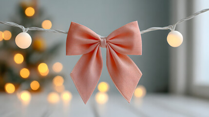 Peach Pink Bow Valentine Concept with Glowing Fairy Lights Background
