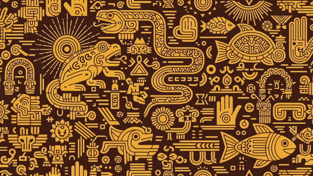 Intricate Golden Mayan-Inspired Art with Mythological Creatures and Symbols on a Dark Brown Background.