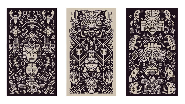 Ancient Mayan Glyphs and Faces in a Decorative Ethnic Pattern Collection