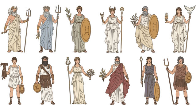 Vintage Style Vector Illustration of Twelve Olympian Gods and Goddesses