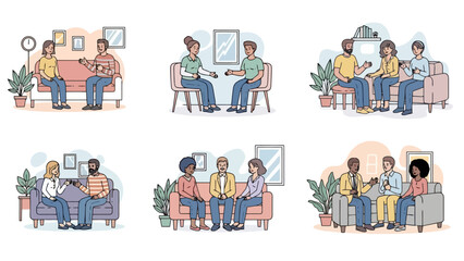 Diverse people in therapy sessions, discussing issues and receiving support