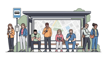 Diverse People Waiting at a Bus Stop Shelter with Map and Bus Sign