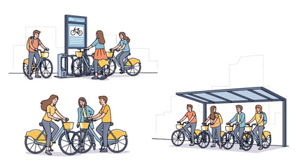 People Renting and Using Bikes at a City Bike Share Station