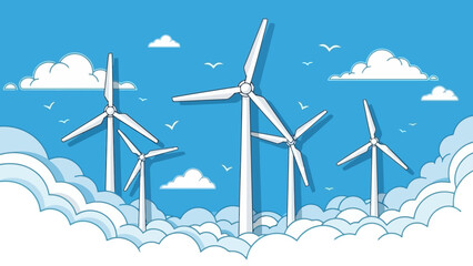 Clean Modern Vector Illustration of Wind Turbines in the Clouds © Adit