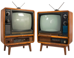 Two vintage wooden television sets with antennas and knobs on legs