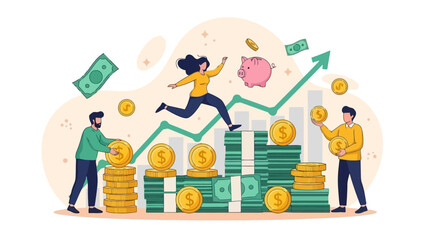 Financial Growth Concept: People and Piggy Bank on Upward Trend Graph