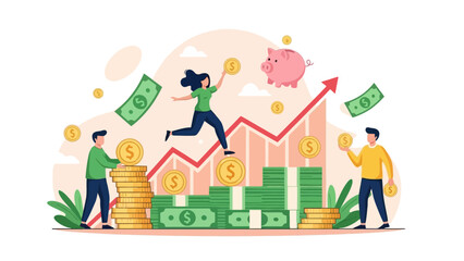 Financial Growth and Savings: People Invest Money, Piggy Bank and Rising Chart