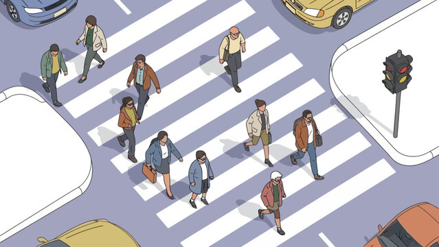 Diverse pedestrians crossing busy city street at crosswalk with traffic light
