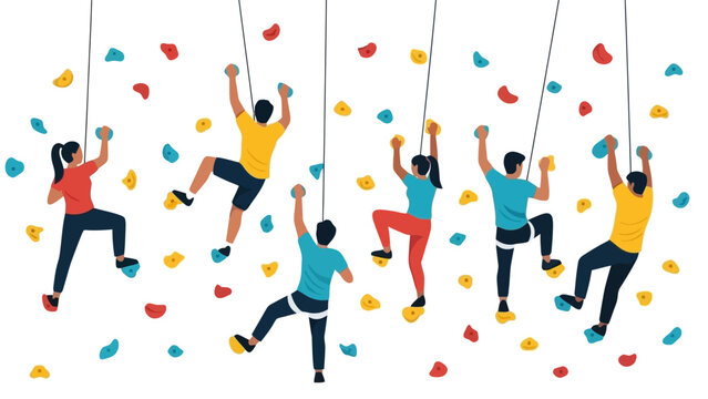 Diverse Group of People Enjoying Indoor Rock Climbing Activity on Colorful Wall