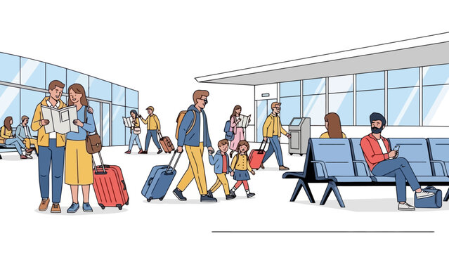 Diverse group of travelers with luggage at a modern airport terminal waiting area